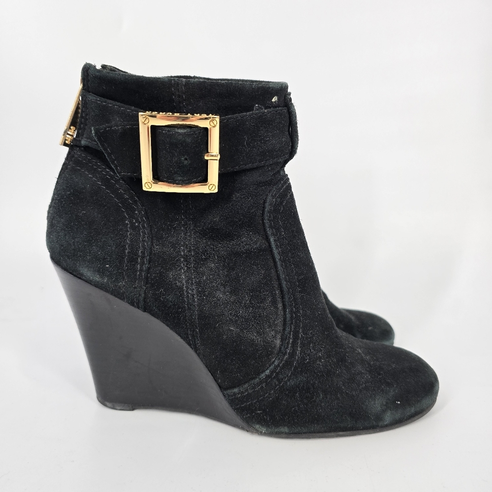Tory Burch Adrienne Black Suede Buckle Wedge Booties Size 6 Back Zip